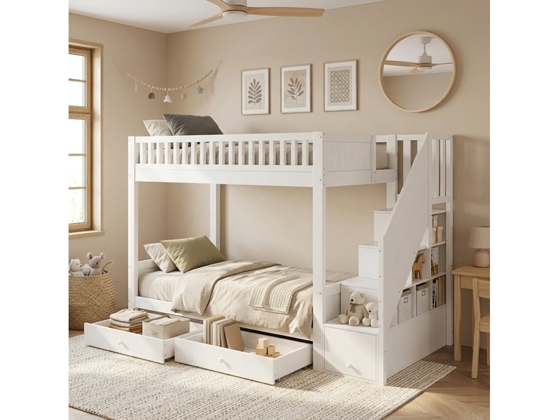  Lit superposé enfant 90x200 cm avec escalier de rangement et 2 tiroirs, blanc  - Conforama C