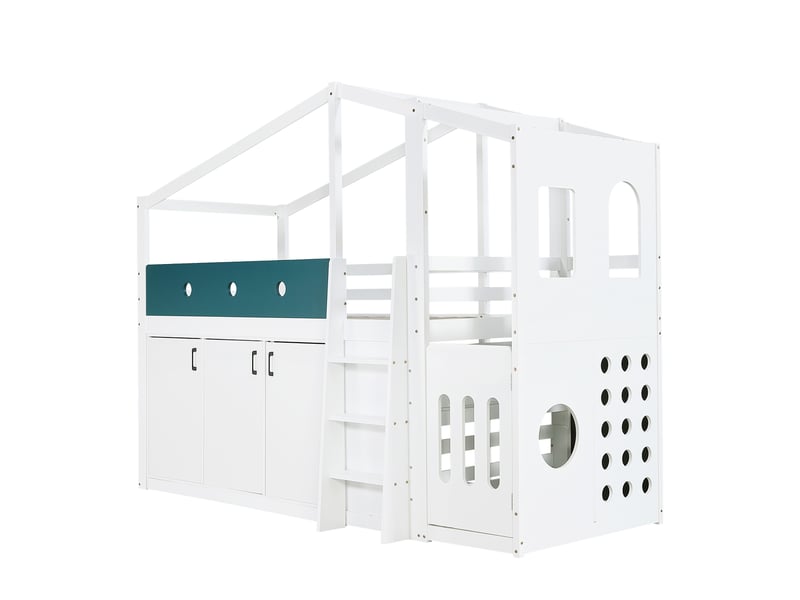 Lit mezzanine 90x200 avec rangement et échelle, blanc - Conforama W