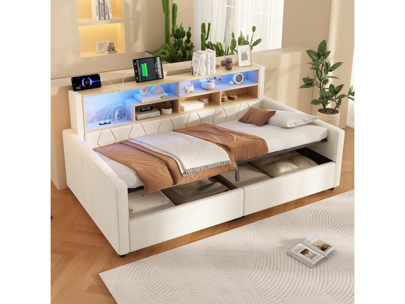  Canapé-lit coffre 90 x 200 cm - avec prise électrique - avec port usb - avec bande lumineuse led - beige (matelas non inclus)  - Conforama R