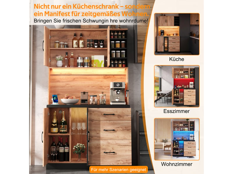  Buffet haut 105x40x180 cm avec éclairage led réglable, buffet de cuisine en couleur bois naturel, buffet salon avec prise électrique  - Conforama E