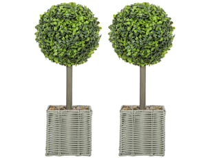Lot de 2 plantes artificielles décoratives, boules de buis artificiel 50 cm avec pot en plastique tressé et galets, vert