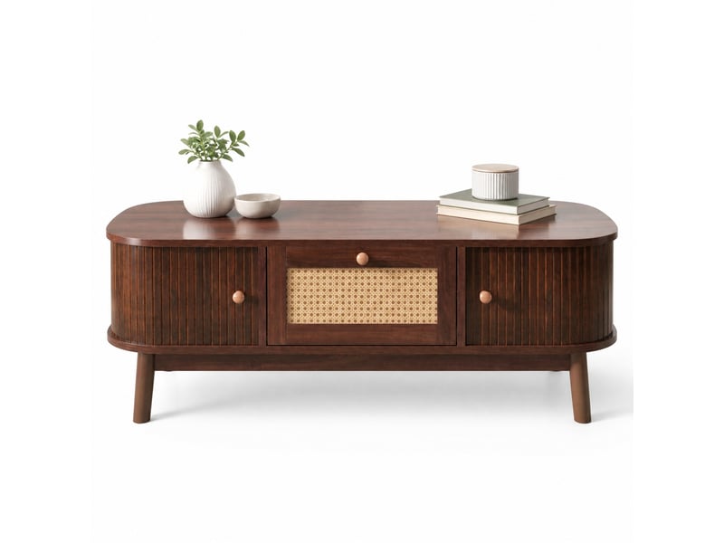  Table basse 110x55x38.5 cm avec tiroirs et portes, rotin et mdf coloris naturel  - Conforama A