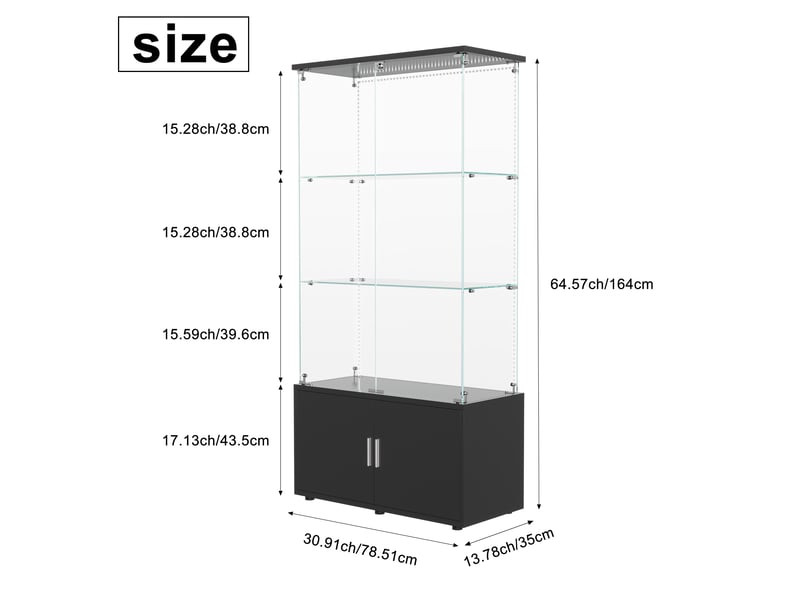  Vitrine en verre 3 niveaux avec meuble de rangement inférieur et ruban led - 78,51 x 35 x 164 cm - noir - armoire d'exposition - ruban led  - Conforama B