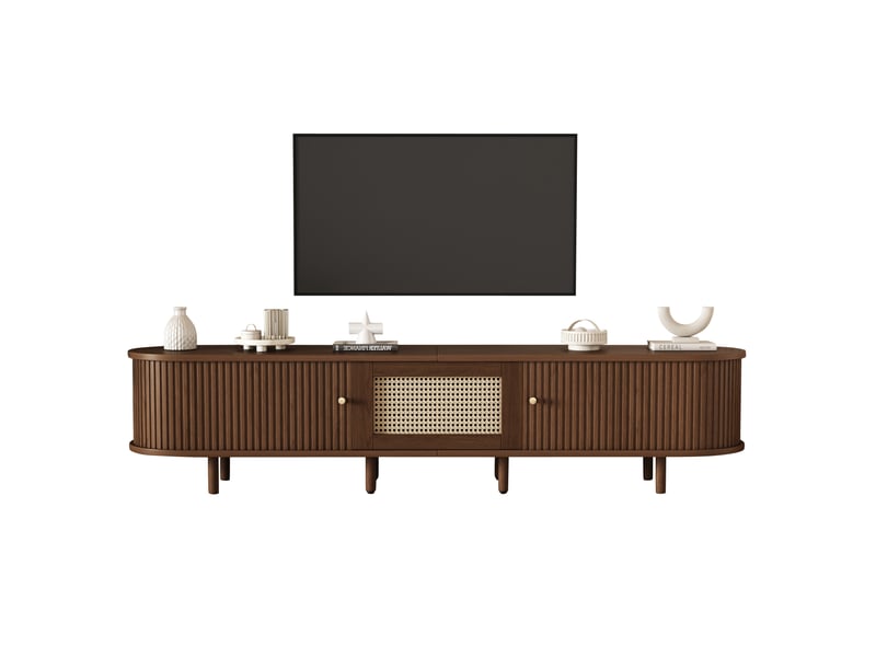  Meuble tv ovale 180 cm avec rangement, pour écran 70-79 pouces, structure en mdf, noyer foncé et design rotin  - Conforama R