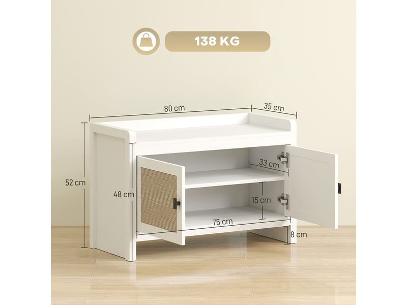  Banc à chaussures avec portes avant en rotin et étagère coulissante pour entrée ou chambre, 80 x 35 x 52 cm, blanc et beige  - Conforama E