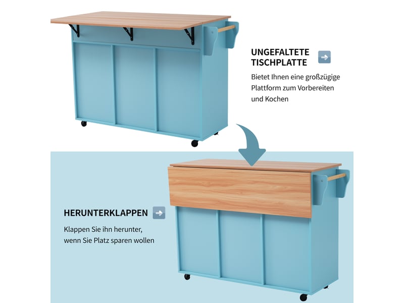  Îlot de cuisine desserte 129 × 46(71) × 91,5 cm plateau rabattable, 2 tiroirs et roulettes - lpospi - mdf bleu  - Conforama D