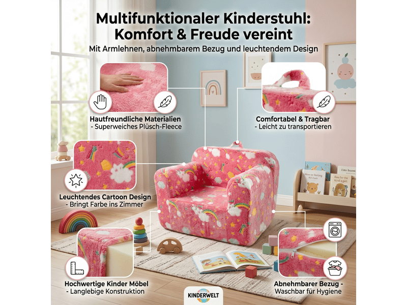  Fauteuil enfant avec accoudoirs, poches latérales et housse amovible lavable, en tissu et éponge rose  - Conforama D