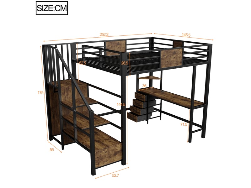  Lit mezzanine 140x200 cm en métal – noir – bureau, rangements, penderie, éclairage led et prise intégrés  - Conforama C