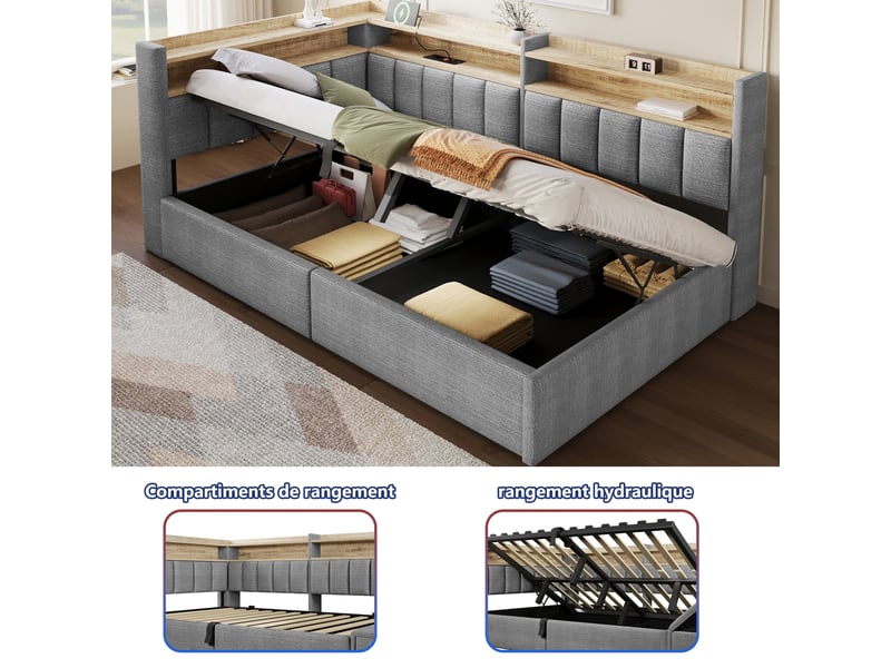 Lit coffre hydraulique 90x200 cm avec led, usb-a et usb-c et tête réversible, velours gris, sans matelas - Conforama E