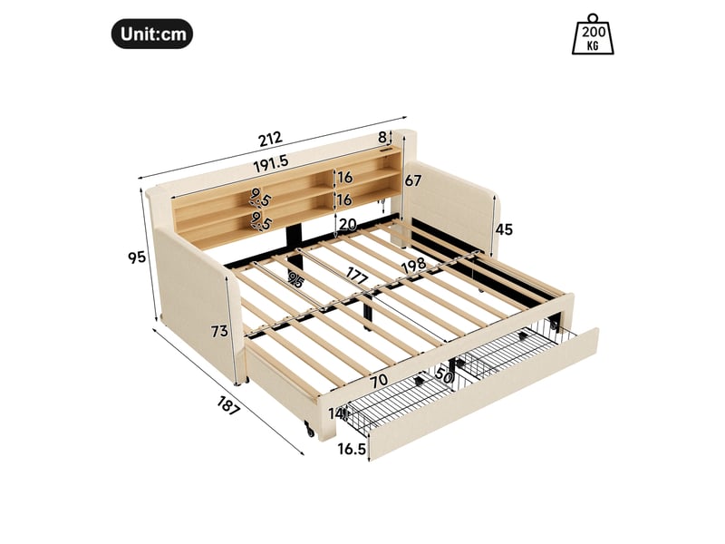  Canapé-lit 90 x 200 cm - avec lit gigogne - avec éclairage led - avec 2 tiroirs - tissu velours - beige (matelas non inclus)  - Conforama C