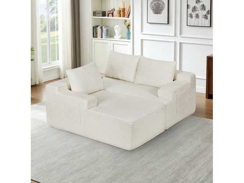  Canapé d’angle modulable 4 places 238x152x66 cm en velours côtelé beige  - Conforama D