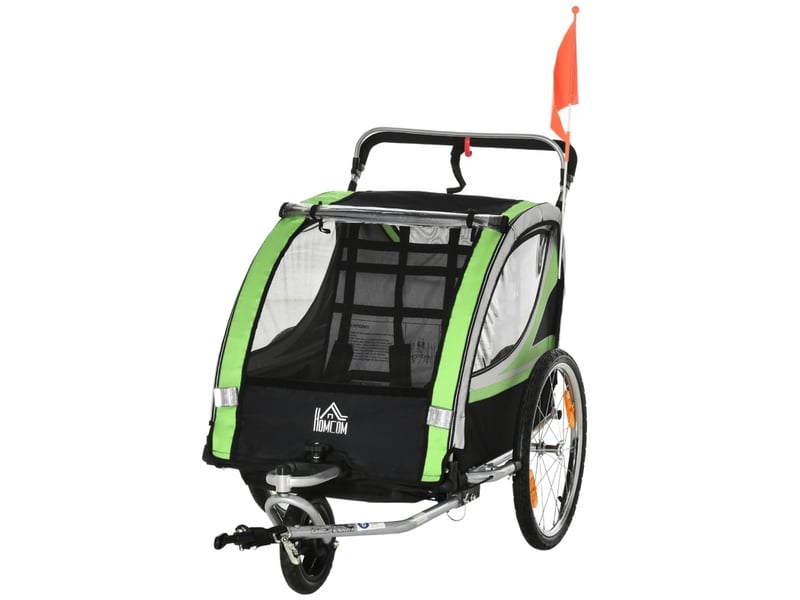 Remorque vélo 2-en-1 pour 2 enfants 142x75x101 cm – vert – fonction poussette - Conforama A