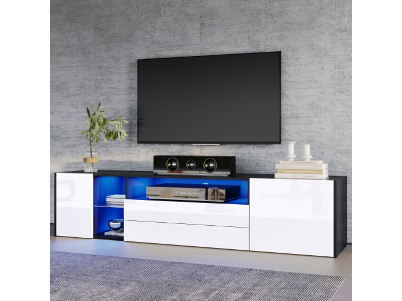  Meuble tv bas led brillant 180x40x45 cm – 2 tiroirs, 2 placards – écran jusqu’à 75 pouces – noir et blanc  - Conforama B