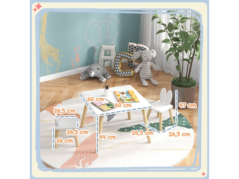  Ensemble table et 2 chaises enfant design scandinave motif oreille de lapin bois pin blanc  - Conforama C