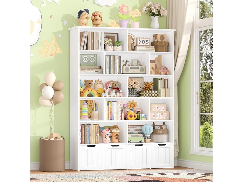 Meuble de rangement enfant bibliothèque enfant avec 13 étagères 4 tiroirs roulants rangement jouet 125.5x33x175cm blanc - Conforama B