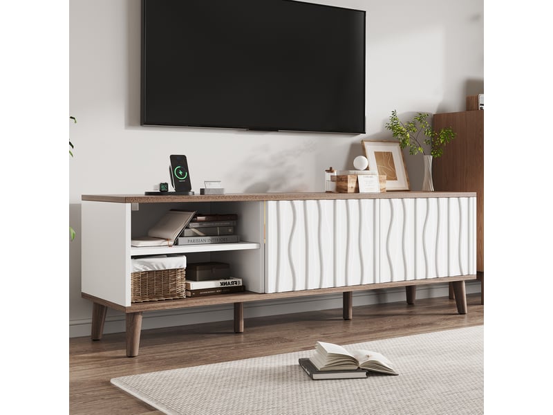  Meuble tv 160x40x52 cm avec led et portes coulissantes blanc et noyer foncé  - Conforama D