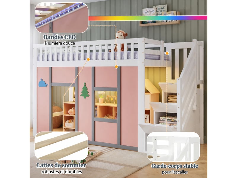  Lit mi-hauteur enfant 90 x 200 cm blanc et rose avec escalier de rangement et éclairage led, sans matelas  - Conforama D