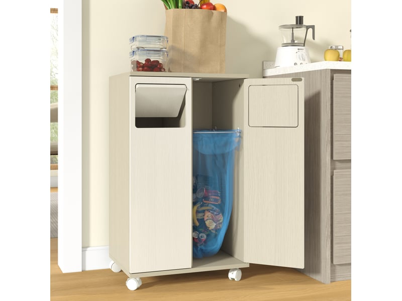 Meuble de tri des déchets 46,7x35x80 cm à roulettes mdf bois clair et blanc, confort optimal - Conforama B