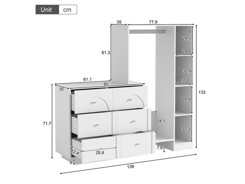 Armoire moderne, avec tringle, 6 tiroirs et étagères latérales, 139 × 35 × 133 cm, blanc - Conforama C