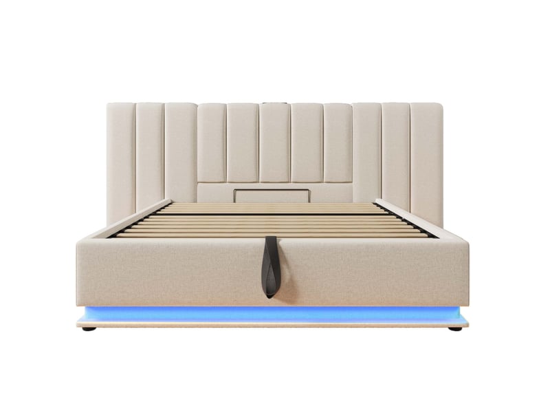 Lit coffre double 180x200 cm avec led 360° et chargeur usb et type-c, lit adulte avec sommier à lattes, lin beige, sans matelas - Conforama A