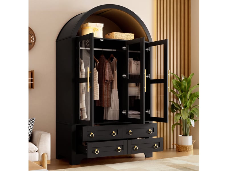  Armoire avec 3 portes vitrées, 4 tiroirs et led 110x50x186 cm noir  - Conforama W