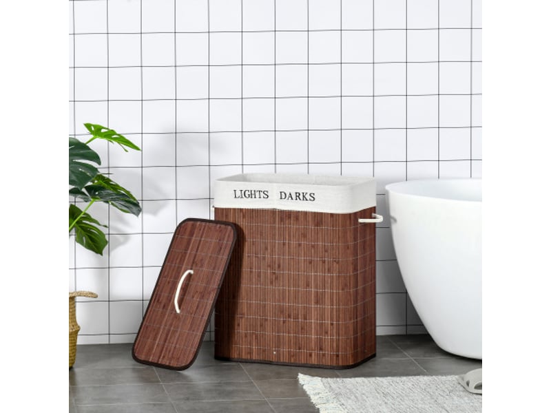  Panier à linge en bambou marron et blanc, 100 l, 52 x 32 x 63 cm, 3 poignées et sac en coton amovible lavable  - Conforama B