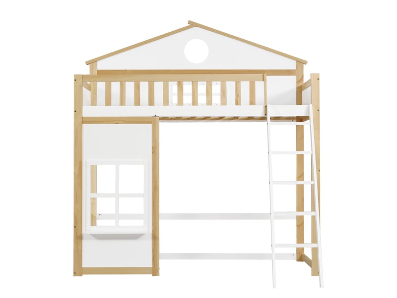  Lit mezzanine enfant avec escalier et rangement, blanc et bois naturel, 90x200 cm  - Conforama R