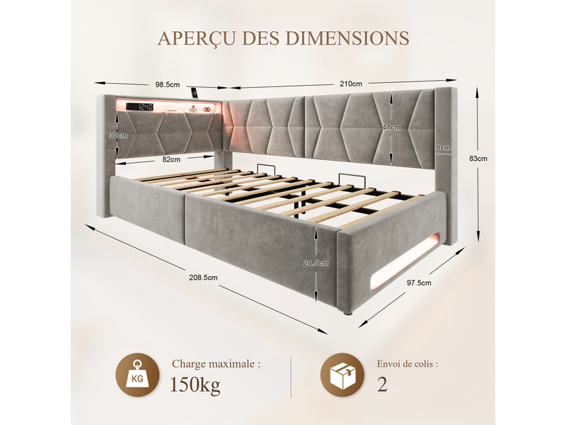 Lit coffre simple 90x200 cm en velours gris foncé avec led, usb et type-c, sommier inclus, chambre d’enfant - Conforama C