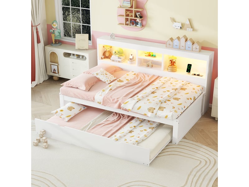Lit gigogne 90x200 cm - lit adoenfant avec tiroir 90x190, led télécommandée et ports usb - prise électrique et grand rangement intégré - blanc - Conforama E