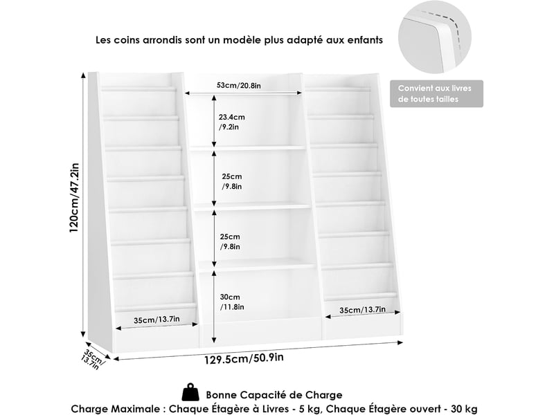  Bibliothèque enfant étagère enfant avec 14 étagères à livres blanc  - Conforama D