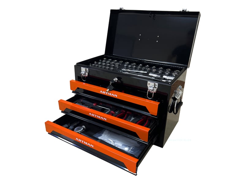 Coffre à outils en acier noir et orange, 3 tiroirs à roulements, avec poignée de transport et fermoirs métalliques - Conforama A