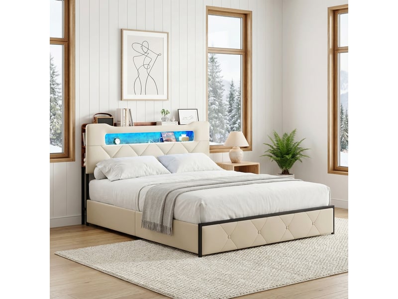  Lit 140x190 avec 4 tiroirs, lit double capitonné avec éclairage led &amp; ports usbtype-c, tête de lit avec rangement,  lit adulte en velours, beige  - Conforama C