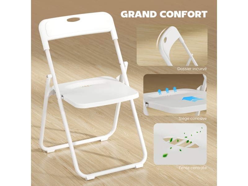  Lot de 6 chaises pliantes portables en plastique et acier, dossier incurvé, 48,5 x 47 x 75 cm, assise concave, blanc  - Conforama A