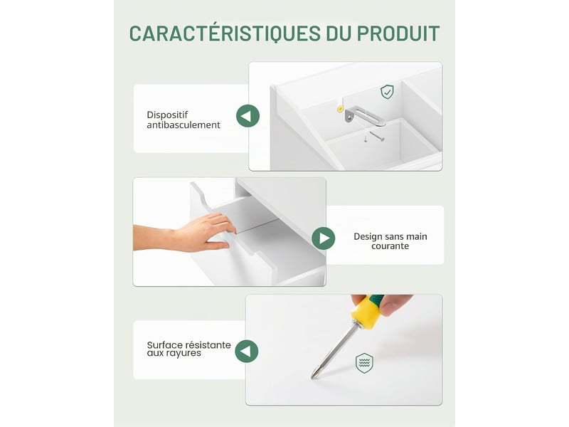  Commode blanc 3 tiroirs 2 portes meuble rangement 3 tiroirs, 2 portes, bois moderne 40 x 140 x 87 cm  - Conforama E
