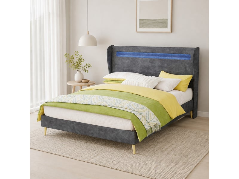  Lit adulte 140x200 cm en tissu gris avec tête de lit led réglable  - Conforama B