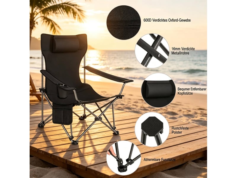  Fauteuil de camping pliant noir avec repose-pieds extensible, dossier réglable et sac de transport pratique  - Conforama D