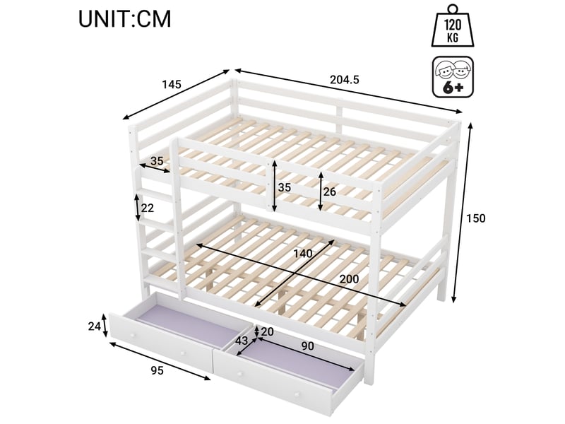  Lit superposé enfant 140x200 cm blanc avec tiroirs, échelle et matelas inclus  - Conforama C