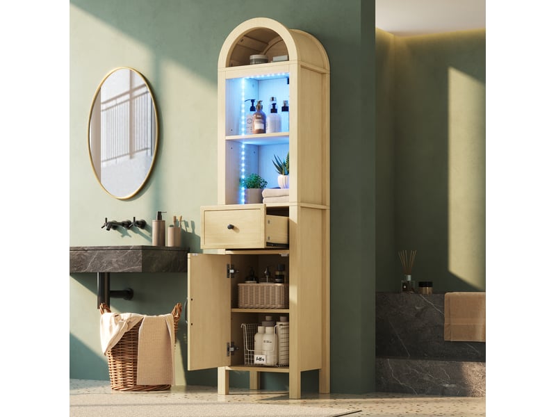  Colonne de salle de bain 40x30x163 cm, panneaux mdf naturels, éclairage led rgb avec app, plateau arqué, porte réversible et tiroir à fermeture magnétique  - Conforama E