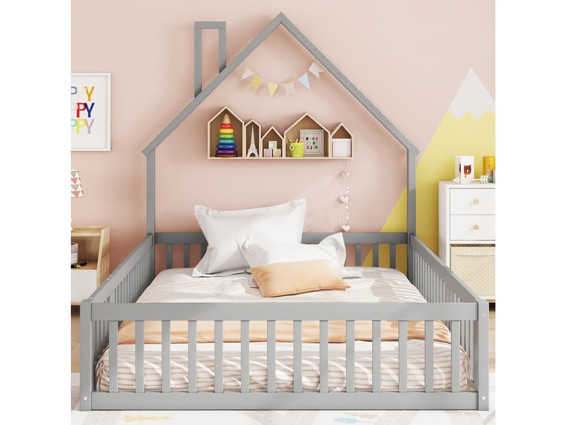  Lit enfant cabane 140 x 190 cm avec sommier à lattes et barrières, gris en pin et mdf  - Conforama D