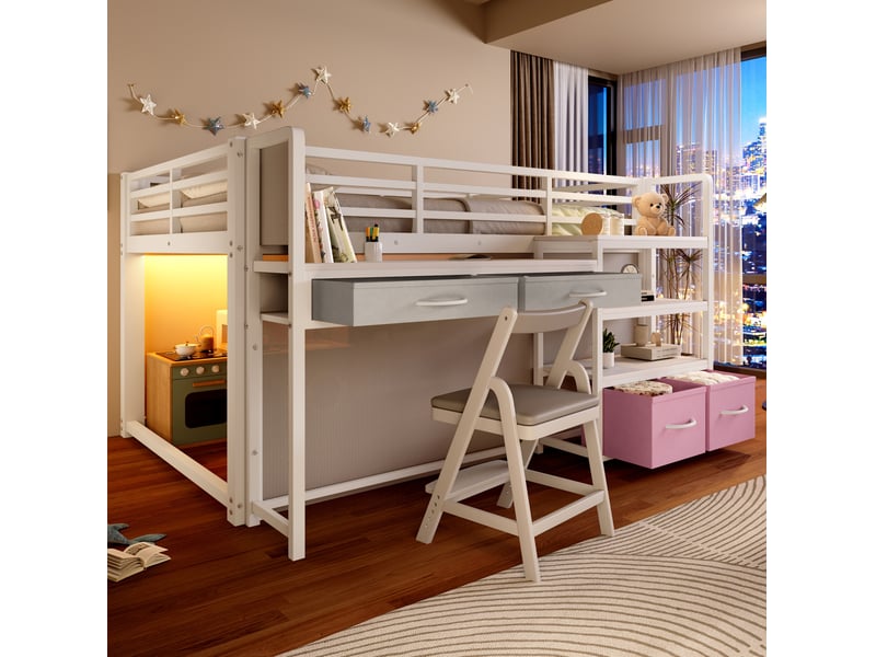 Lit mezzanine 140x200 cm blanc avec bureau, rangements et éclairage led - Conforama E