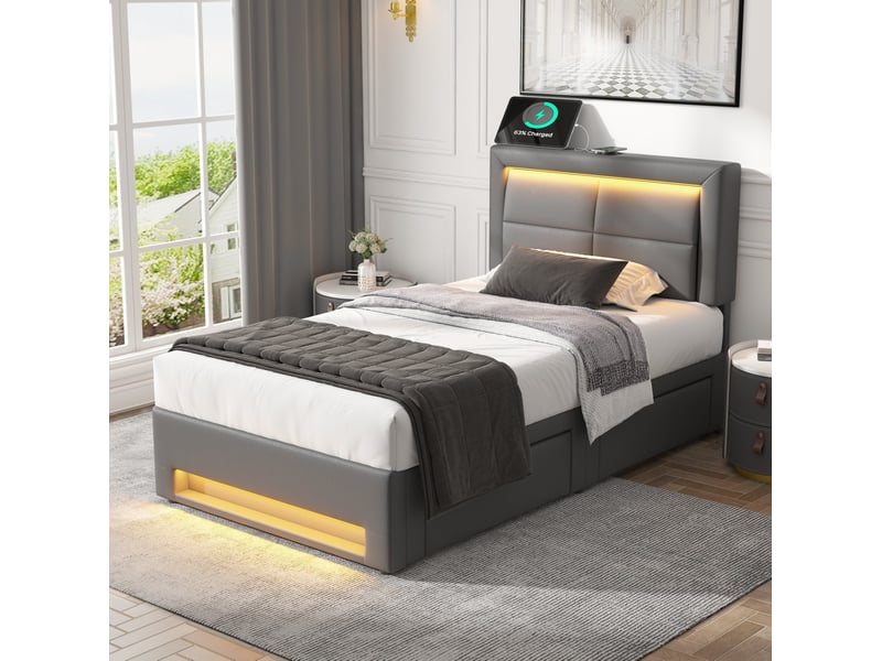  Lit enfant 90x200cm, lumières avec éclairage led, style moderne, 4 tiroirs, ports usb de chargement, pu, gris sans matelas  - Conforama E