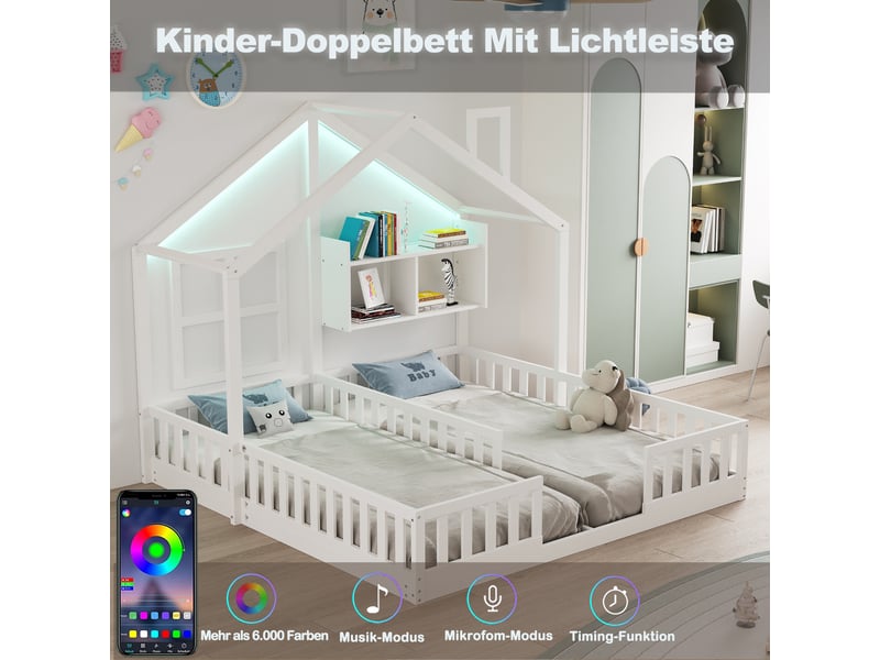  Lit enfant cabane avec fenêtres, bois blanc, 90 x 200 cm, led, étagères et garde-corps  - Conforama B