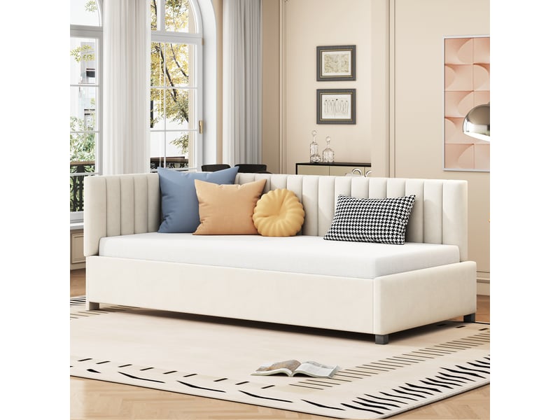  Canapé-lit enfant 90 x 200 cm avec sommier à lattes, cadre de lit 1 personne avec tete de lit rembourré, tissu velours, beige  - Conforama C