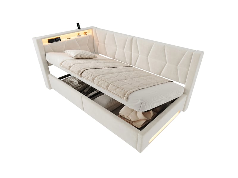 Lit coffre 90x200 cm, lit en velours avec éclairage led au tête et au pied, usb & type-c, sans matelas, beige - Conforama A