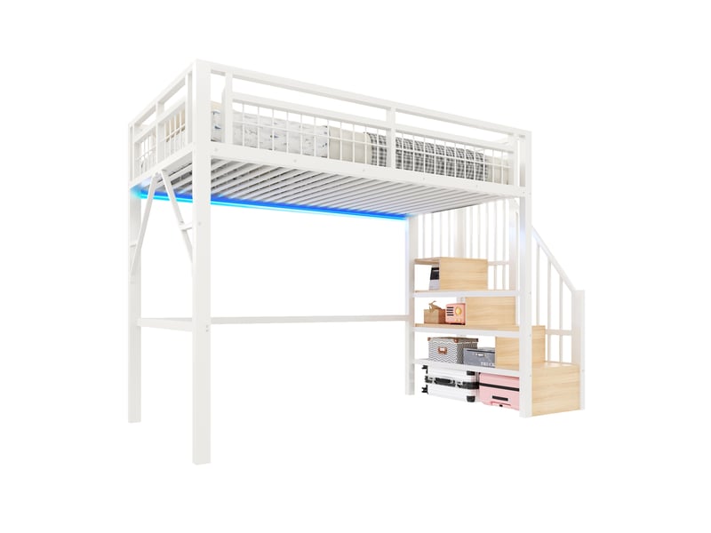  Lit mezzanine enfant 90x200 cm, led, marches avec rangement, cadre en métal, blanc, pour chambre enfant, sans matelas  - Conforama A