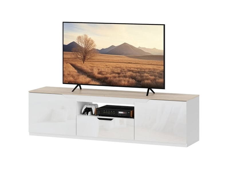 Meuble tv 160 cm blanc brillant et bois clair avec 3 compartiments, tiroir et range-câbles, pour écran 65 pouces - Conforama A