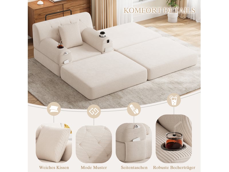  Fauteuil-lit 1 place avec pouf 107x162x81 cm, couchage 191 cm, 4 poches, velours côtelé beige, sans matelas  - Conforama E
