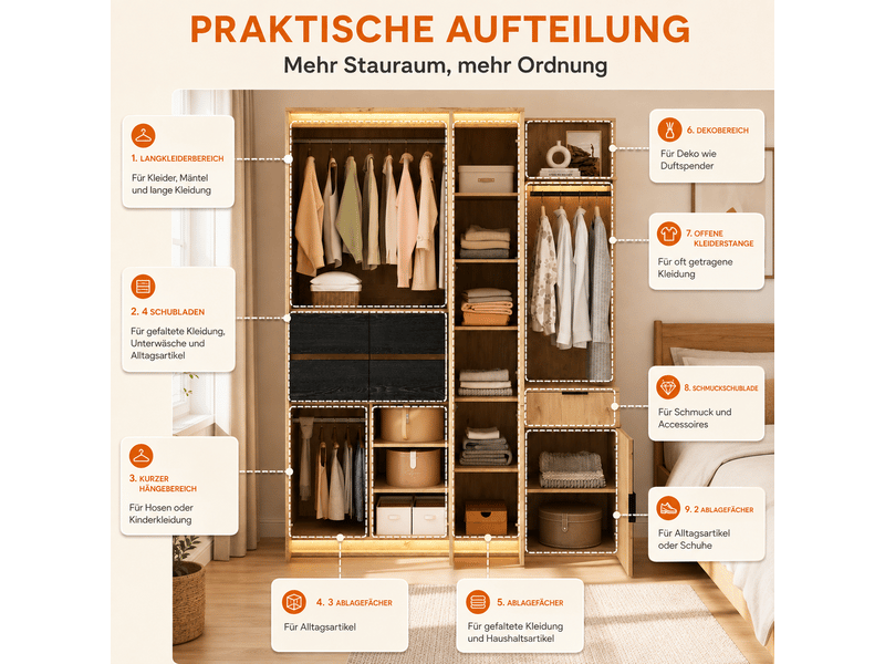  Armoire penderie avec miroir et led 155x47x200cm - vestiaire d'entrée moderne 5 tiroirs chêne anthracite  - Conforama D