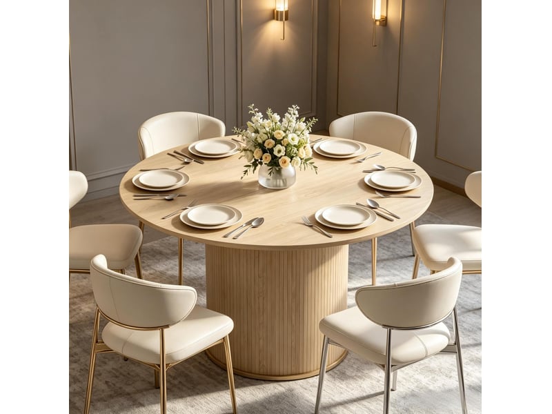  Table de salle à manger ronde pour 4 à 6 personnes avec pied central cannelé, décor bois naturel, ø 120 × 75 cm  - Conforama E