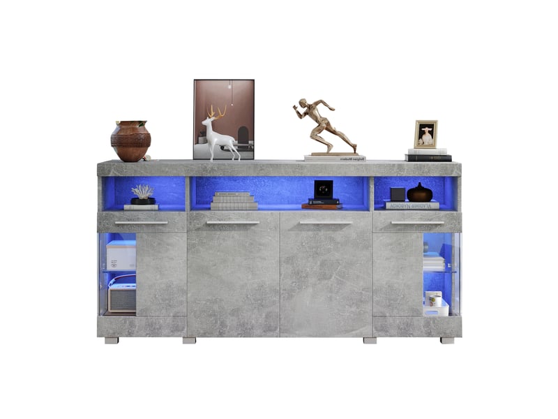  Buffet bas salon rangement led 3 compartiments 6 niveaux 140x40x70 cm façade brillante mdf+verre trempé ciment gris  - Conforama A